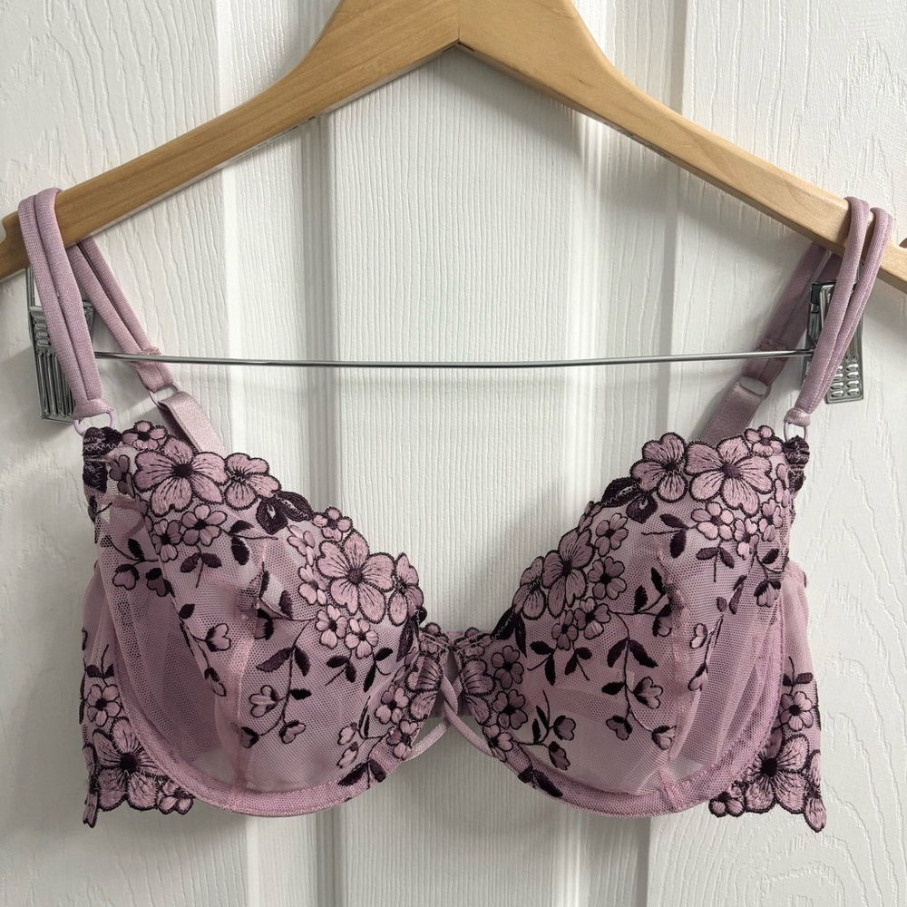Victoria’s Secret Angels Embroidered Mesh Bra 34D Purple Floral Fairy Sheer